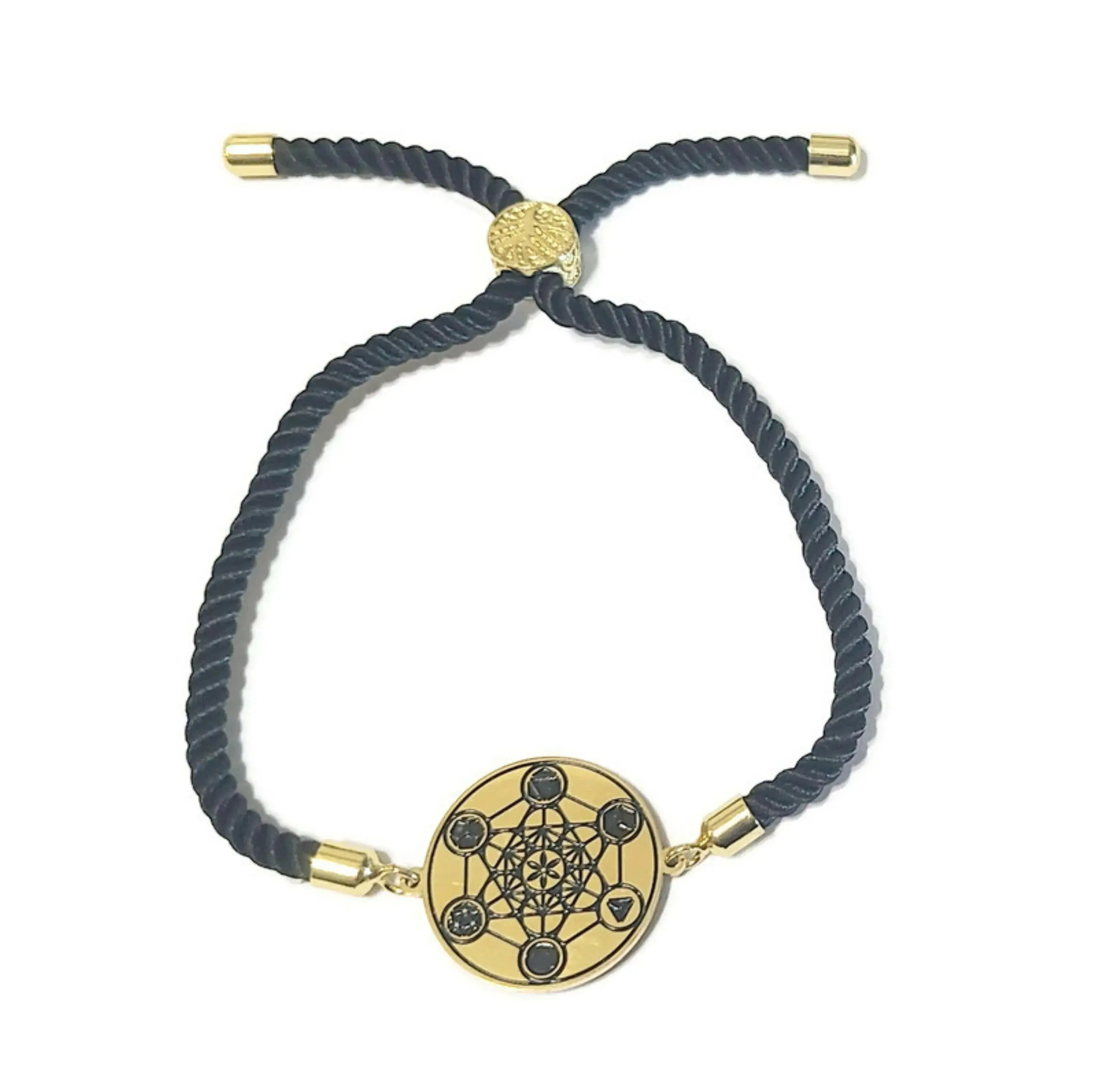 Metatron Cube Black Cord Bracelet - Sacred Geometry Talisman with 72 Names of God