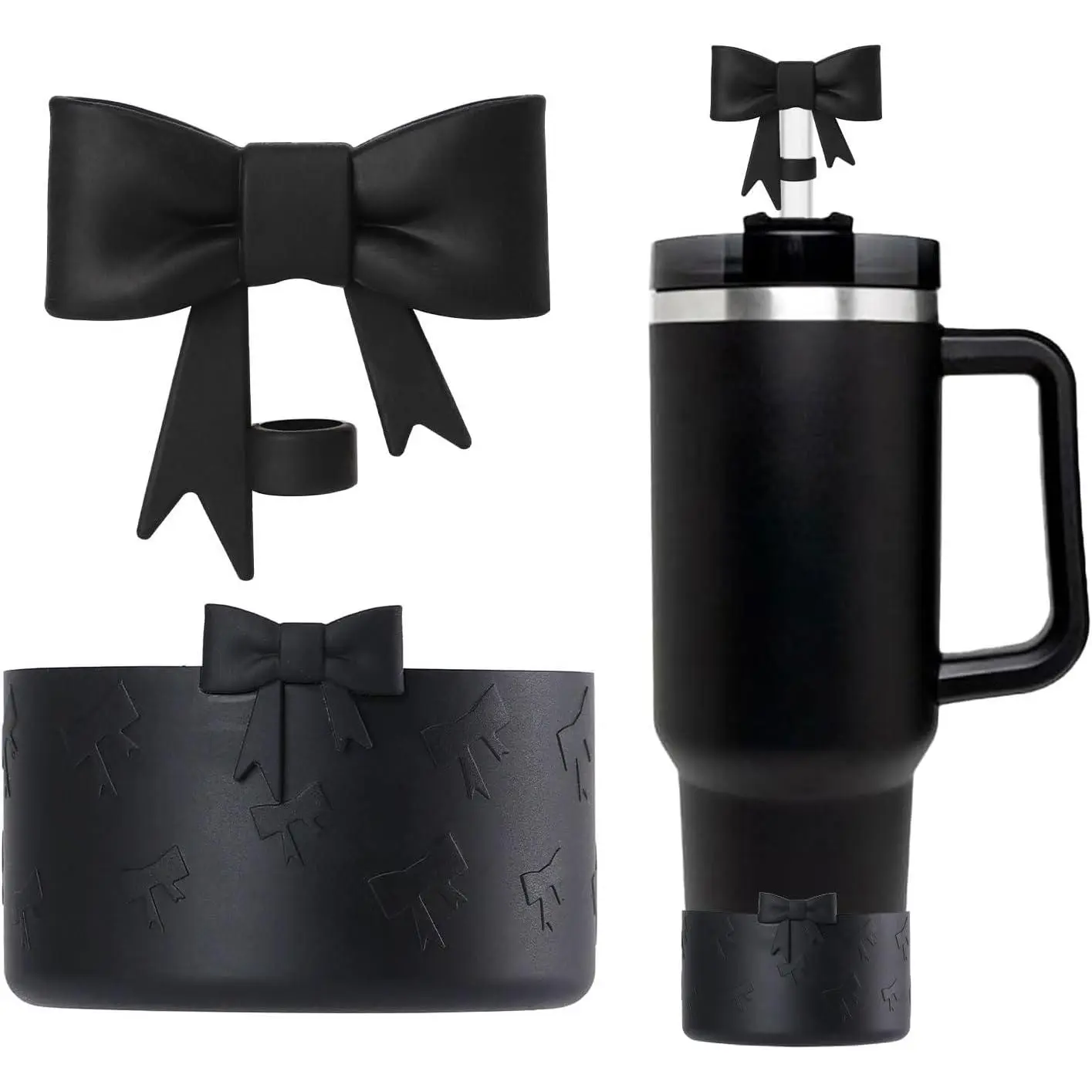 Black Decorative Bow Design Drinkware Accessory Set - Protective Boot, 10mm-0.4in Straw Cover Topper, 2.96in Diameter, Fits 20/30/40Oz Cups, 12-24Oz Hydroflask Bottle & 2.83-3in Bottom Drinkware, 2.96 Inch Diameter