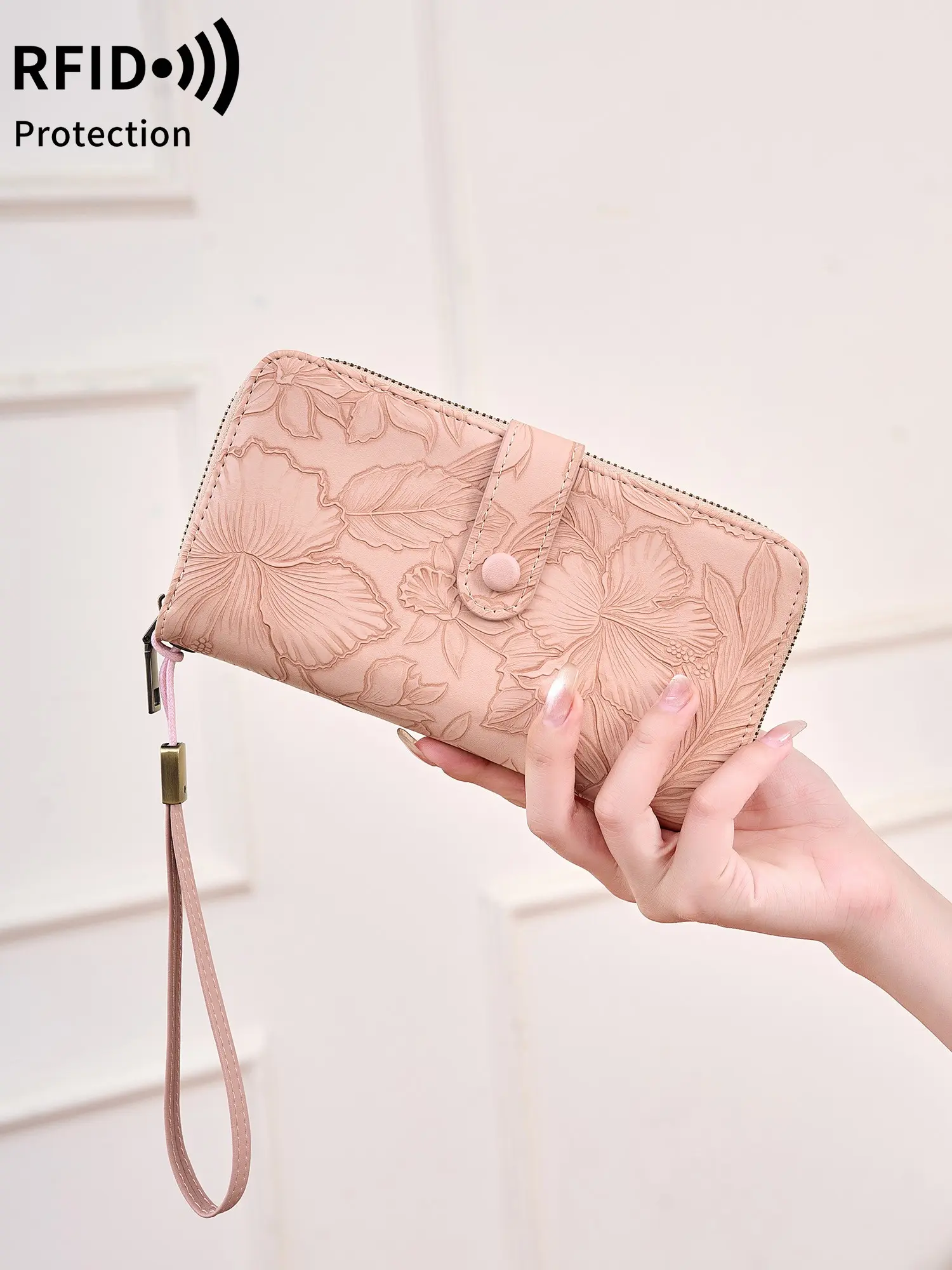 Women's Long Rfid Blocking Clutch Wristlet Wallet, Elegant Floral Handbag, Vintage Embossed Lady Purse, Multi-Function Card Slot, Coin Holder, Gift for Valentine's Day
