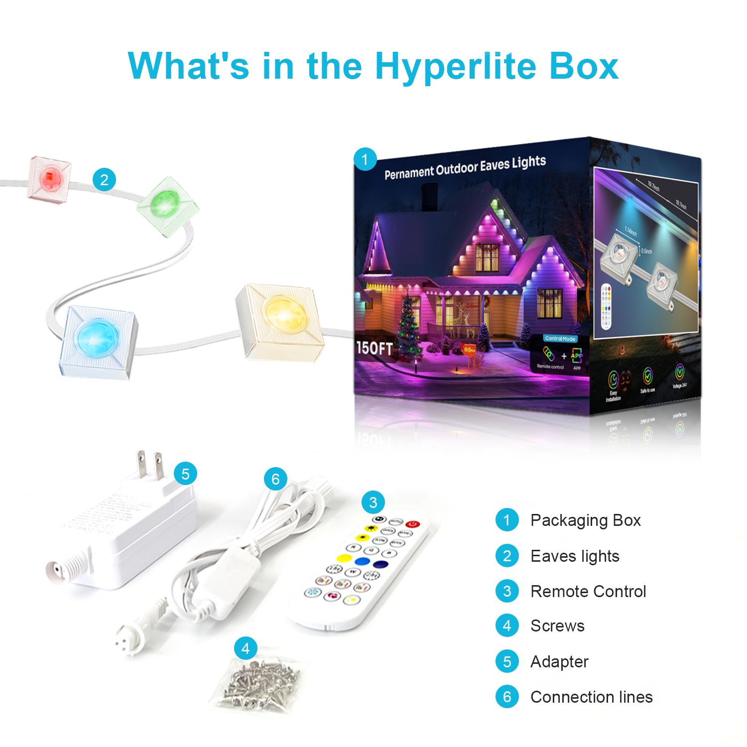 HYPERLITE RGB IC Eaves Lights with 30/60 LEDs, Permanent Outdoor Lighting, Music Sync Party Lights, IP67 Waterproof, Bluetooth APP & Remote Control, 50/100 Feet - Perfect for Decorative，SpringGlowUp