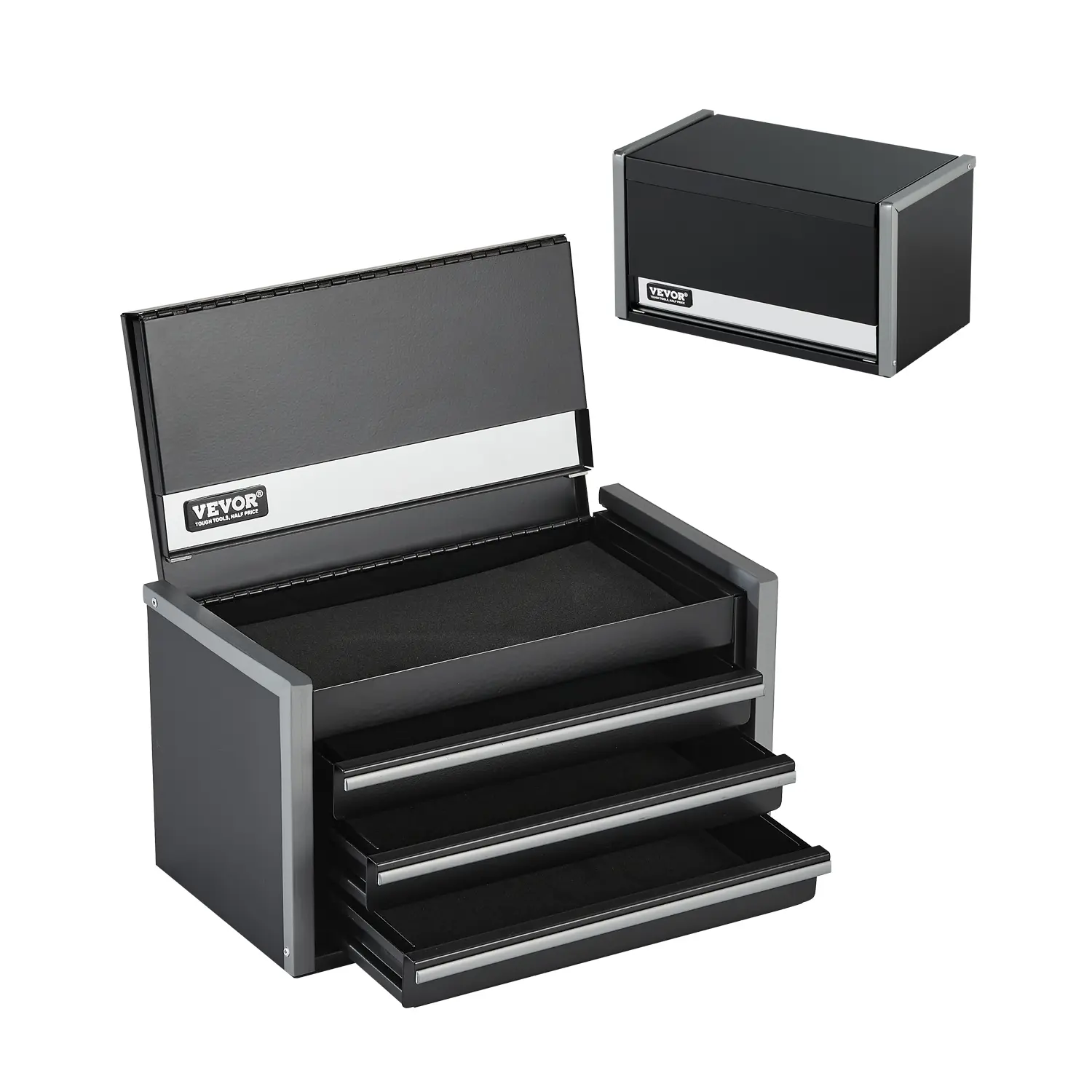 【summerfinds】VEVOR Metal Tool Box, 8.6-inch, Portable Metal Tool Box with 3 Drawers, Small Tool Chest with EVA Liners and PP Feet Pads, Heavy-Duty Steel With Ball Bearing Opening and Powder Coated Finish, Black
