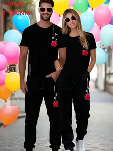 Couple's Rose Print Tee & Drawstring Waist Pants, Casual Comfy Breathable Fitted Short Sleeve Top & Pocket Pants for Daily Wear, Couple Sportswear Set for Spring & Fall