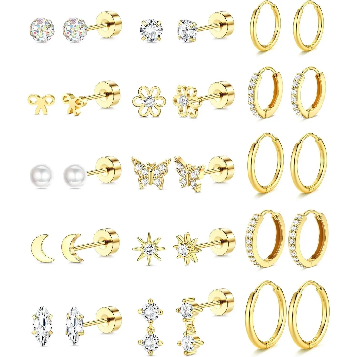 CASSIECA Women's Hypoallergenic Surgical Stainless Steel Earring Stacking Set, 14 Karat Gold-Plated Studs Earrings, Small Huggie Hoop Studs, Flat Back Cartilage Stack Pieces for Daily Wear Women Summervibes, Flat Back Earrings