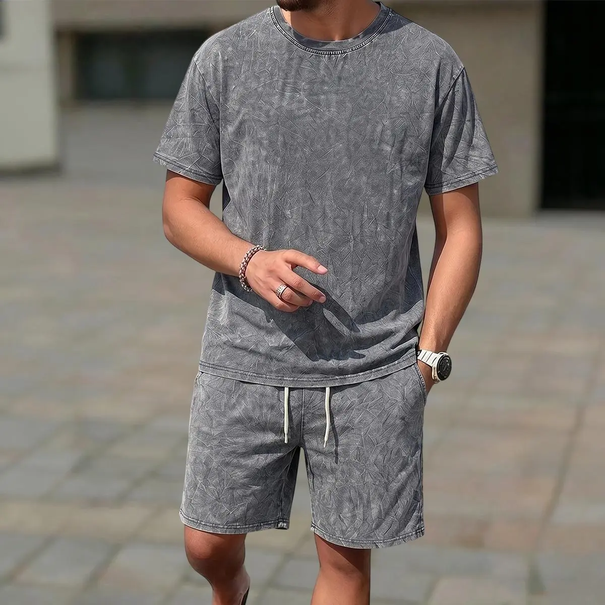 Men's 2-Piece Casual Basics Set 1 - Polyester Short Sleeve Plain Crew Neck Tees, Elastic Waist Grey Washed Textured Shorts, Lightweight Holiday Summer Machine Washable Clothing for Beach, Everyday Wear, 2-Piece Set 1, Polyester Clothes