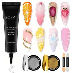 3D Nail Gel and Chrome Powder Set, 15ML Transparent Mold Gel for 3D Nail Design, Metal Mirror Chrome Powder, Easy Home DIY Manicure, Polygel Nail Kit