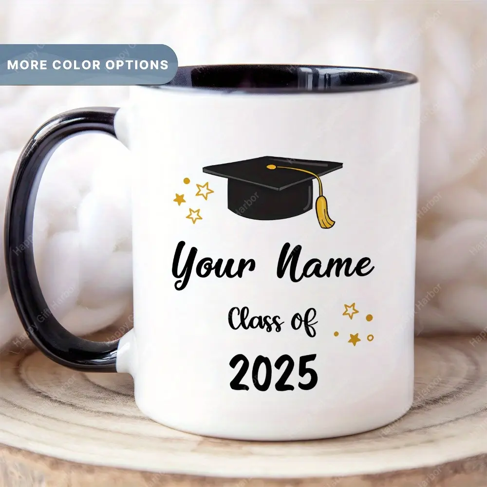 1pc Customizable Class of 2025 Graduation Coffee Mug - 11oz Personalized Name Academic Cap Ceramic Cup with Golden Stars, No Assembly Novelty Gift for Graduation, Birthday, Friendship & Party Favors, Personalized Party Favor| Celebratory Design Mug| Ceram