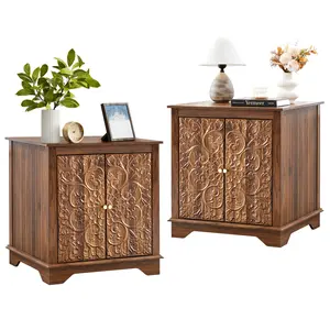 Giratree Farmhouse End Table with Carved Floral Door, 24" Wide Nightstand with Adjustable Shelf, Wooden Square Sofa Side Table Storage Table for Living Room Bedroom