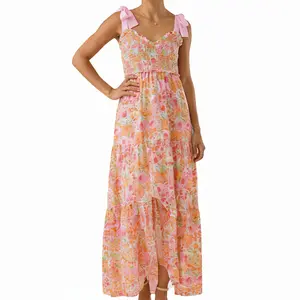 Young Women's Summer Floral Tie Strap Maxi Dress Smocked Boho Beach Vacation Wedding Guest Trendy Casual Long Sun Dresses Spring Tropical Bridal Shower Elegant Dresses Gala Flowy Dresses