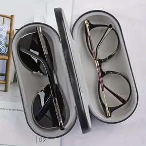 Dual-Use PU Leather Double-Layer Glasses Case with Mirror,Holds 2 Pairs of Glasses, Durable, Ideal for Couples to Store Sunglasses & Reading Glasses While Traveling