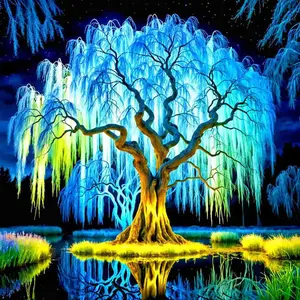 5D Full Drill Diamond Painting Kit - Glowing Willow Tree Fantasy Scene, Round Acrylic Diamonds, DIY Art for Home Wall Decor