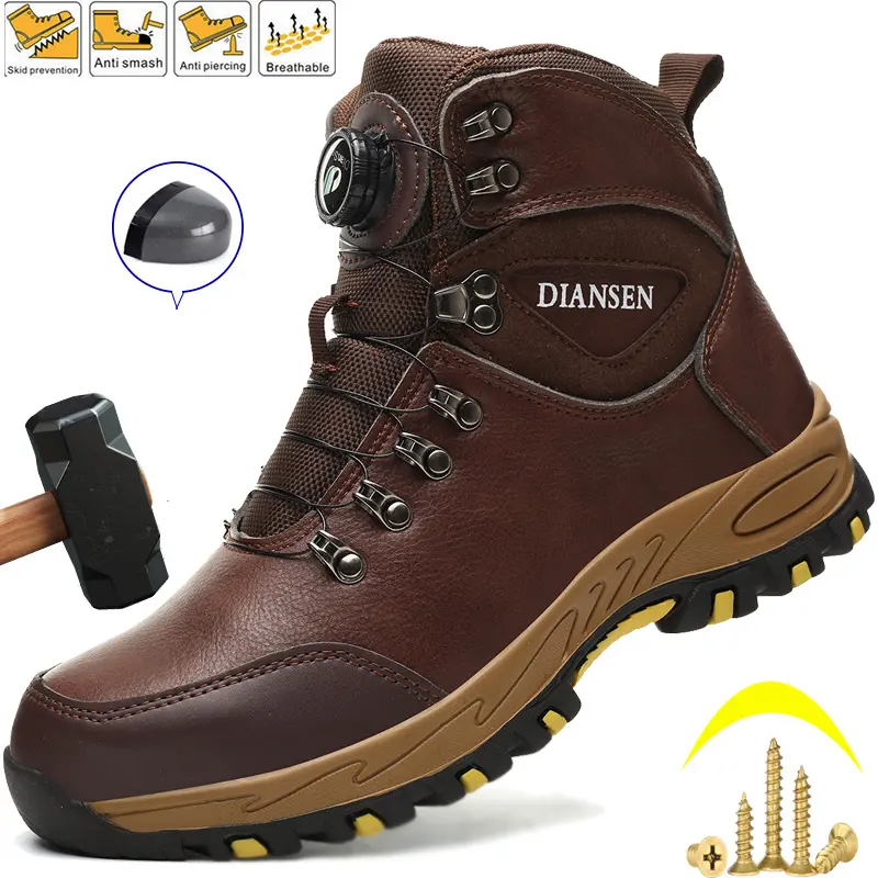 New Rotary Buckle Safety Boots Men Work Indestructible Sneakers Steel Toe Boots Protective Boots Anti-smash Anti-puncture Work shoes Brown Closed Worker Mesh