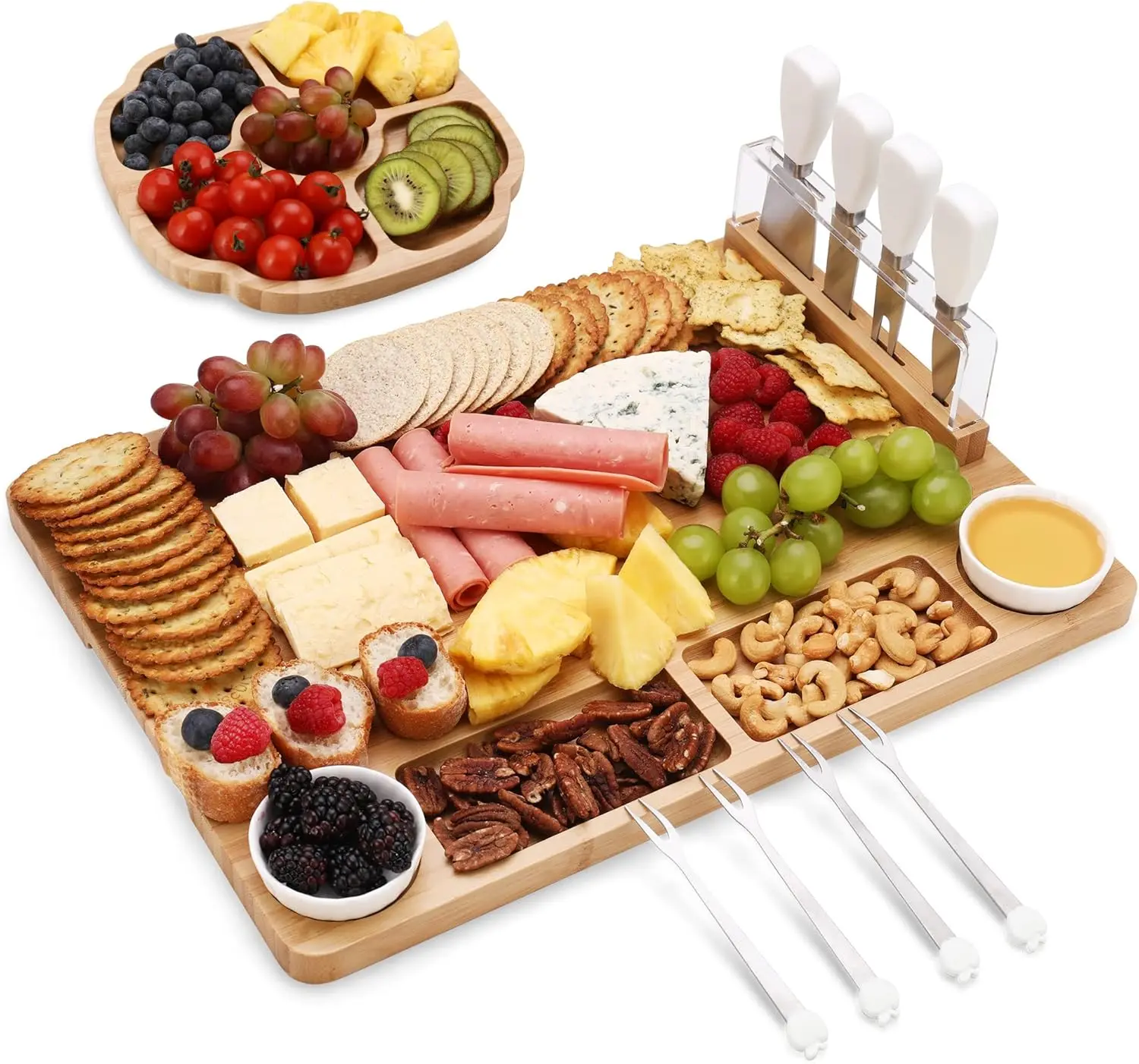 Large Charcuterie Board Set of 13, A Bamboo Cheese Board and Snack Tray, 2 Ceramic Bowls, 4 Server Forks, 4 Knives Set, Appetizer Platter for Birthdays, Weddings, Housewarming, Feast