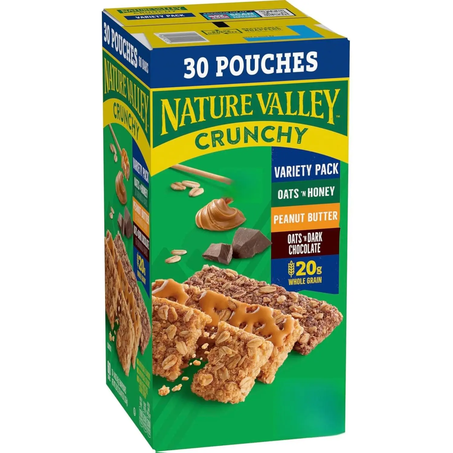 Nature Valley Crunchy Granola Bars Bulk Variety Pack, Oats 'n Honey, Peanut Butter & Oats 'n Dark Chocolate, 30 Two-Bar Wrapped Pouches (60 Bars Total), Whole Grain, No Artificial Flavors, 44.7 OZ