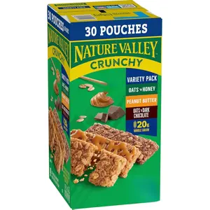 Nature Valley Crunchy Granola Bars Bulk Variety Pack, Oats 'n Honey, Peanut Butter & Oats 'n Dark Chocolate, 30 Two-Bar Wrapped Pouches (60 Bars Total), Whole Grain, No Artificial Flavors, 44.7 OZ