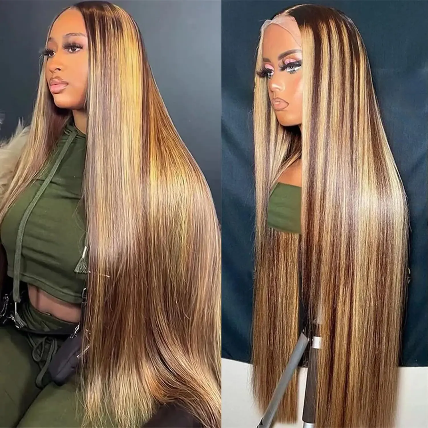 34 Inch Highlight V Part Wigs Synthetic Hair Straight Wigs Ombre Brown Upgrade U Part Wigs 180% Density Glueless Full Head Clip In Half Wigs #P427