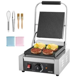 【Summervibes】VEVOR Commercial Panini Grill,  , 1800W Electric Sandwich Panini Maker, Stainless Steel Sandwichs Press Grill with Handle and Temp Control, 8.8x9 in Full Grooved Enamel Plate for Hamburger Steak Bacon