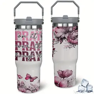 Inspirational 30oz Stainless Steel Tumbler - Perfect Christian Faith Pray Mug for Women with Floral and Butterfly Design - Drinkware, Flasks