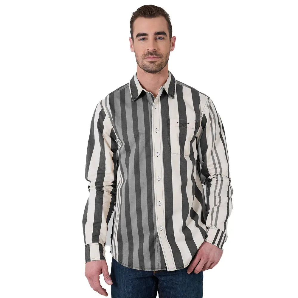 Kimes Ranch 1992 Men's Cotton Twill Western Dress Shirt, Black Tone-on-Tone Stripe with Patch Pocket, Shirts, Workwear, Structured Fit, Button Front, Crisp, Cowboy, Striped, 90S Country, Western Cut, Classic, Cowboy Shirts