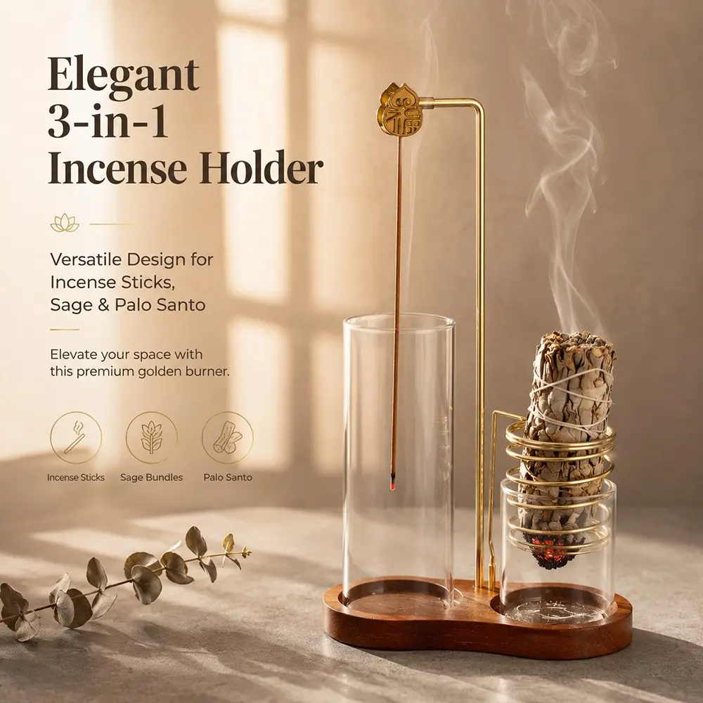 Three-In-One Incense Burner for Scented Stick Incense, Sage & Palo Santo, Ash Collector, Vintage Zen Fireplace, Home Meditation, Home Fragrance, Home Aromatherapy, Incense Holder