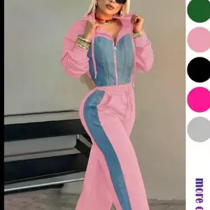 Women's Patchwork Drop Shoulder Zip Up Crop Jacket & Drawstring Waist Pants Two-piece Set