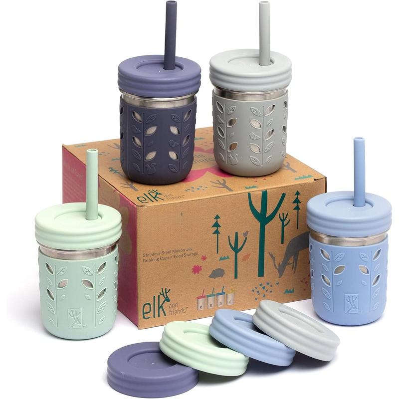 10oz Stainless Steel Kids + Toddler Drinking Cups| The Original Mason Jar with Sleeves + Lids| Silicone Straws| Smoothies| Storage Jar| Spill Resistant| Dishwasher Safe|