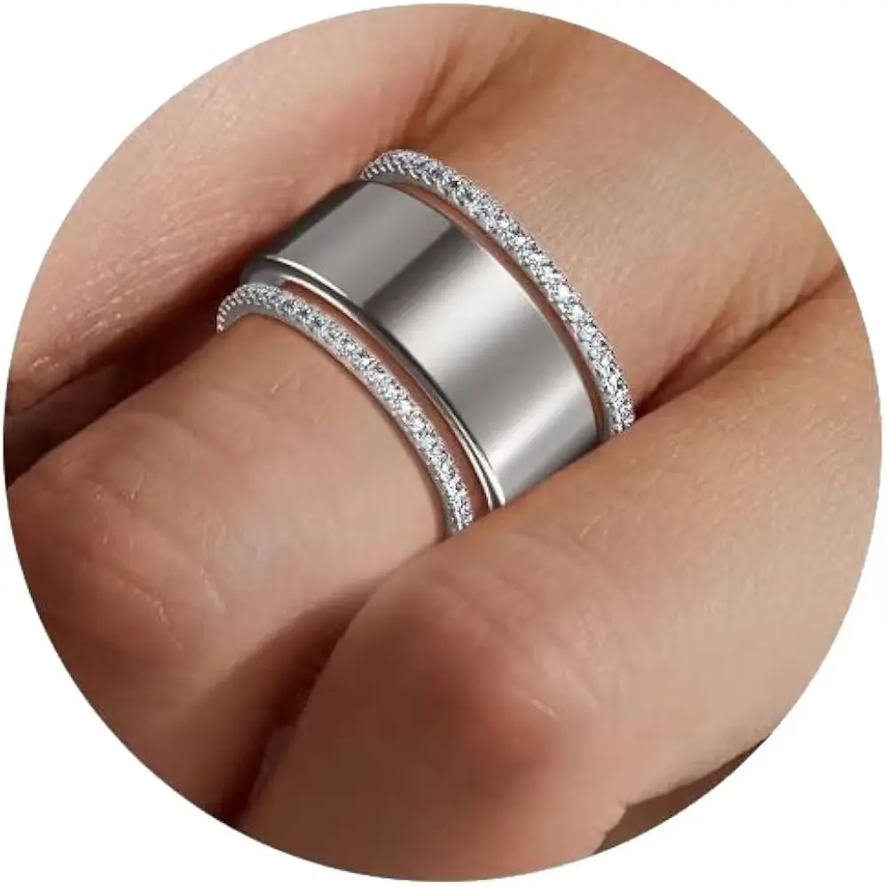 Women's 3-Pack Cubic Zirconia Simulated Diamond Stacking Rings - Silver-Tone, Elegant Design, Long Lasting Shine, Plain Surface, Round Band, Sparkling Accents - Fashion Costume Jewelry for Daily Wear, Wedding Gifting
