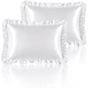 Silky Satin Ruffled Pillow Cases for Hair and Skin,White Silk Pillowcases Standard Set of 2 with Envelope Closure Princess Room Decoration