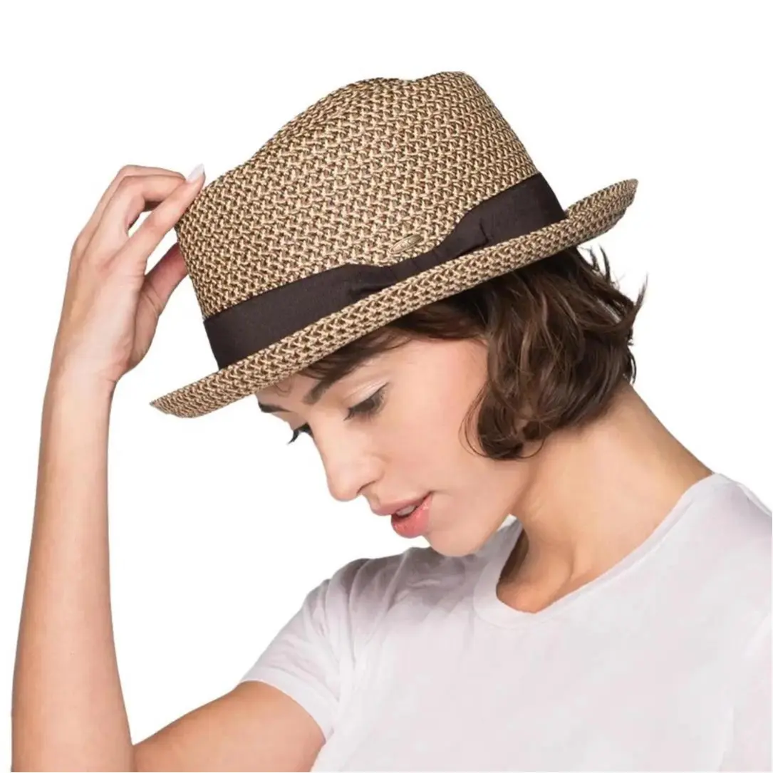 C.C Paper Straw Pork Pie fedora Hat with Ribbon Band for Women