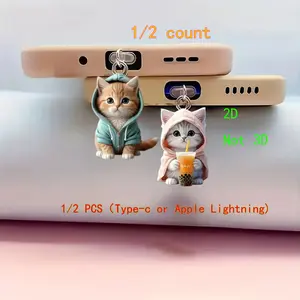 Cute Acrylic Cat Phone Dust Plug, Compatible with iPhone Type-C Android Tablet Charging Port, New Lightning and Type-C Interface Protector