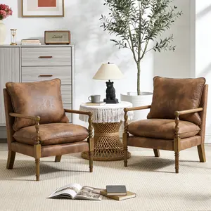 Mid-Century Accent Chair with Solid Wood Frame, Reading Relaxing Armchair Lumbar Pillow& Soft Cushion, Leisure Chair for Living Room, Bedroom, Waiting