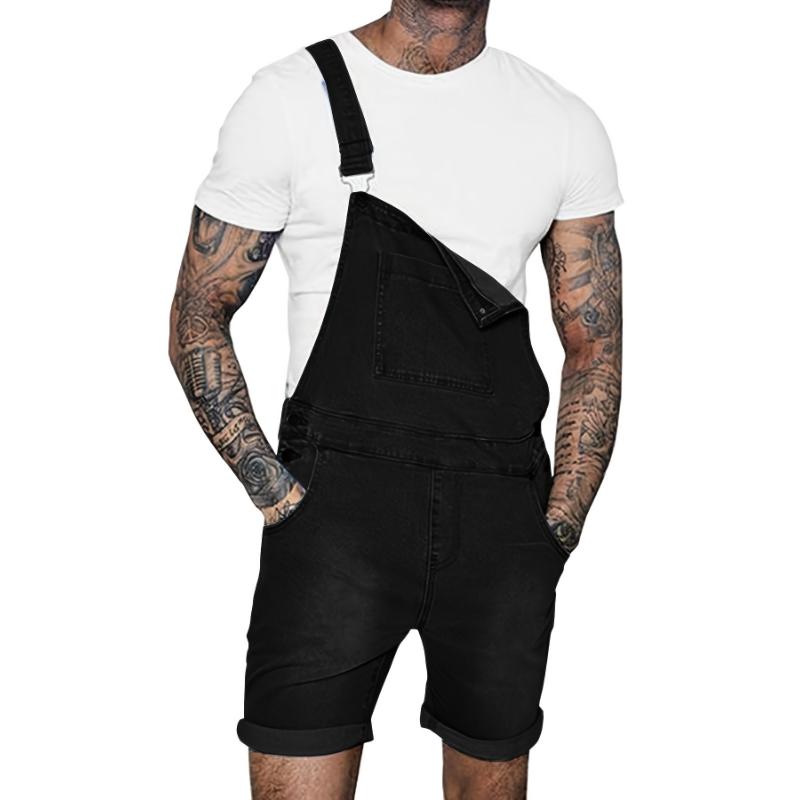 Mens Denim Shorts Bib Overall Jean Romper Casual Loose Fit Walkshort Button Pockets Summer Jumpersuit Menswear Spandex