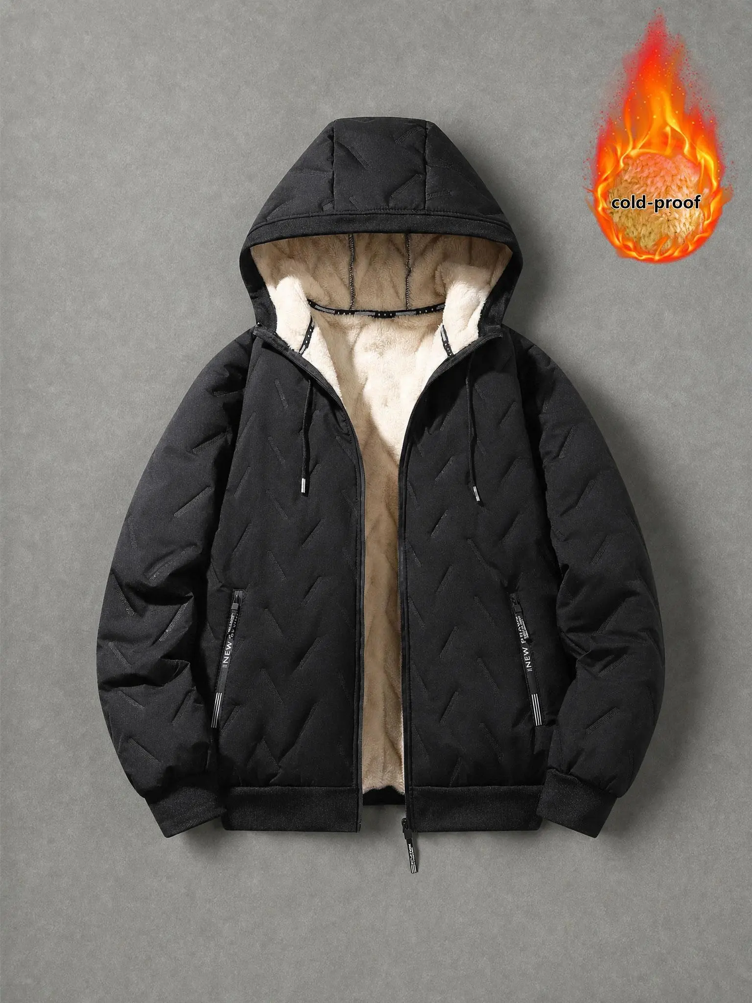 Men's Thick Fleece Lined Quilted Hooded Jacket, Windproof Cold-Resistant Full Zip Padded Coat, Drawstring Hood Casual Thermal Outerwear For Winter Daily Walking