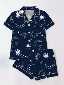 Women's Starry Sky Moon Printed Sleepwear Set, Short Sleeve Top & Shorts Cardigan Two-Piece Pajamas, Casual Fitted Everyday Home Wear Loungewear Pyjamas, Pjs