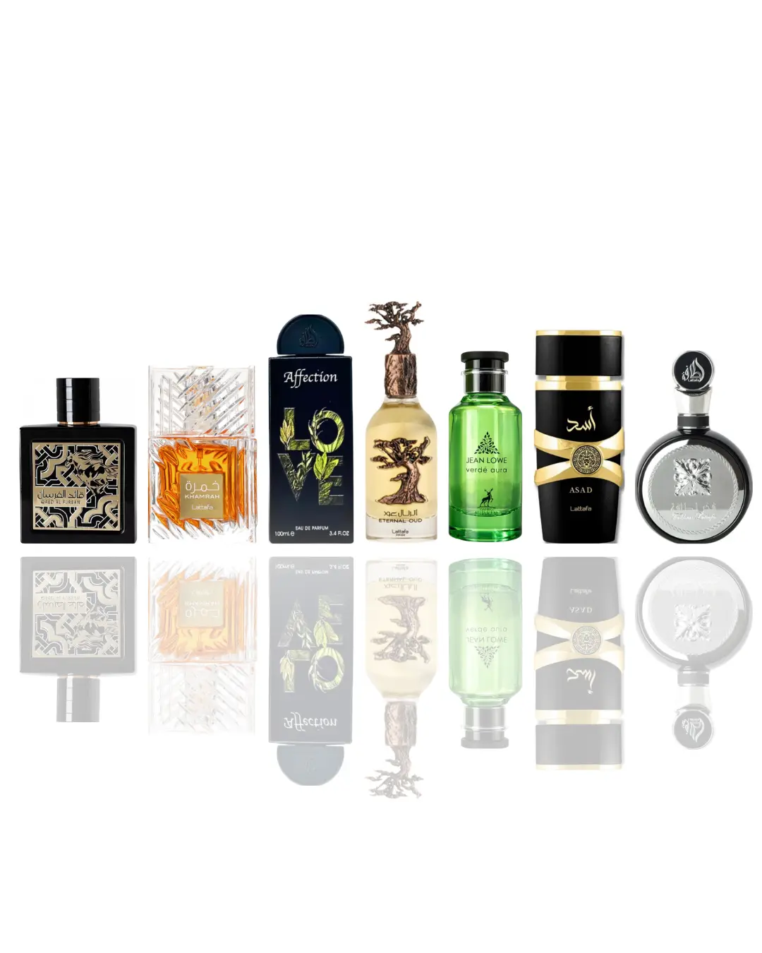 Lattafa 7-Piece Unisex Fragrance Bundle - Qaed Al Fursan, Khamrah, Love Affection, Eternal Oud, Jean Lowe Verde Aura, Asad, Fakhar Lattafa - Fruit-Flavored, Multi-Scented, Refreshing, Aromatic Musk Perfumes for Women, Fruit-Flavored Unisex Fragrance, Mult