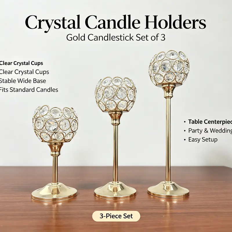 Glam 3-Piece Gold-Silver Metal & Crystal Candle Holder Set - Tabletop Centerpiece with Crystal Balls, Fits Multiple Sizes, Engagement Anniversary Birthday Party Home Decor