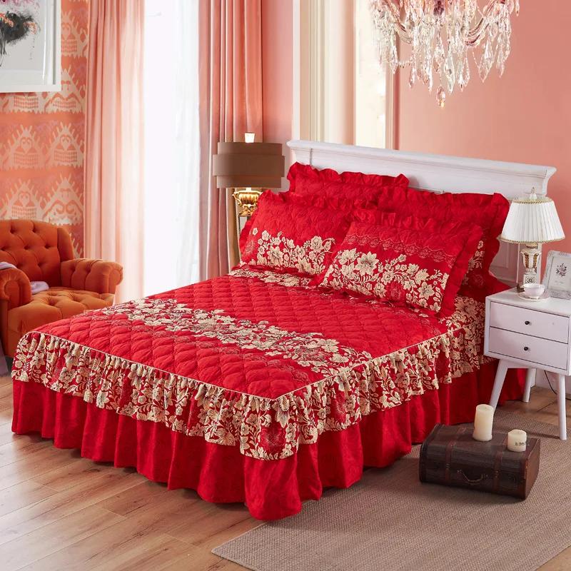 3pcs Contemporary Floral Bed Skirt Set Bedsheet King Size With 2 Pillow Skin-Friendly Double-Layer Full Wrap Anti-Slip Mattress Protector