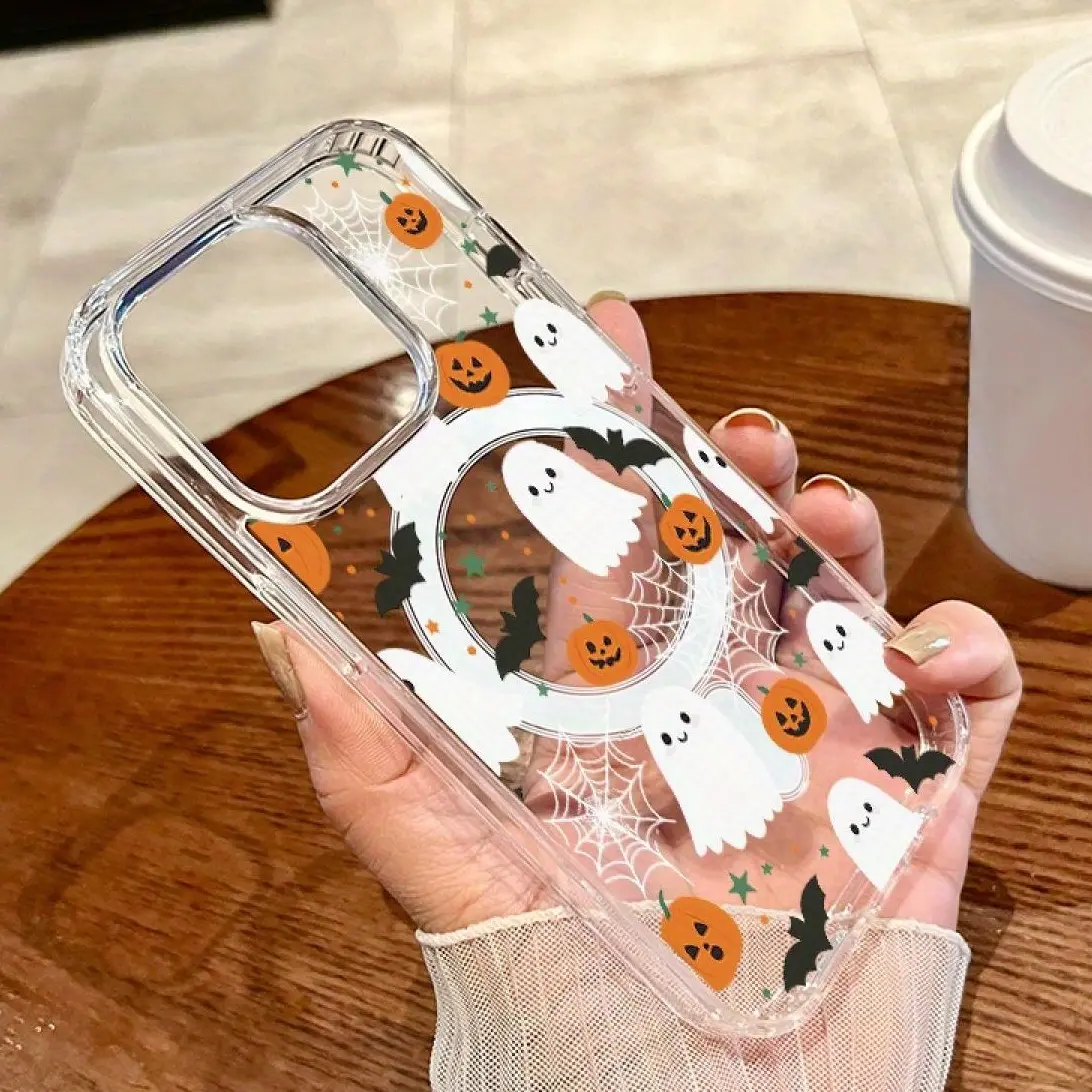 MagSafe Halloween Ghost & Pumpkin Case for iPhone 16/15/17/14 13/12 Pro Max/Plus/Pro - Black/White TPU Edge Protective Cover Casing Protection Smartphone Cellphone Shockproof