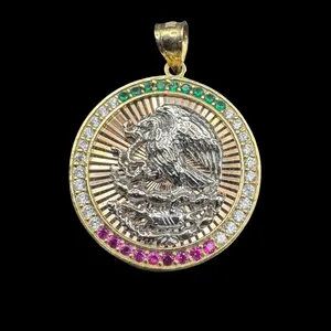 14K ROUND MEXICAN FLAG 3 TONE PENDANT 1"INCH