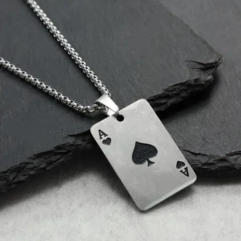 Unisex Street‑Style Ace of Hearts Zinc Alloy Pendant Necklace, 1 Piece Trendy Vintage Poker Card Stainless Steel Necklace, Punk Style for Men & Women as a Gift