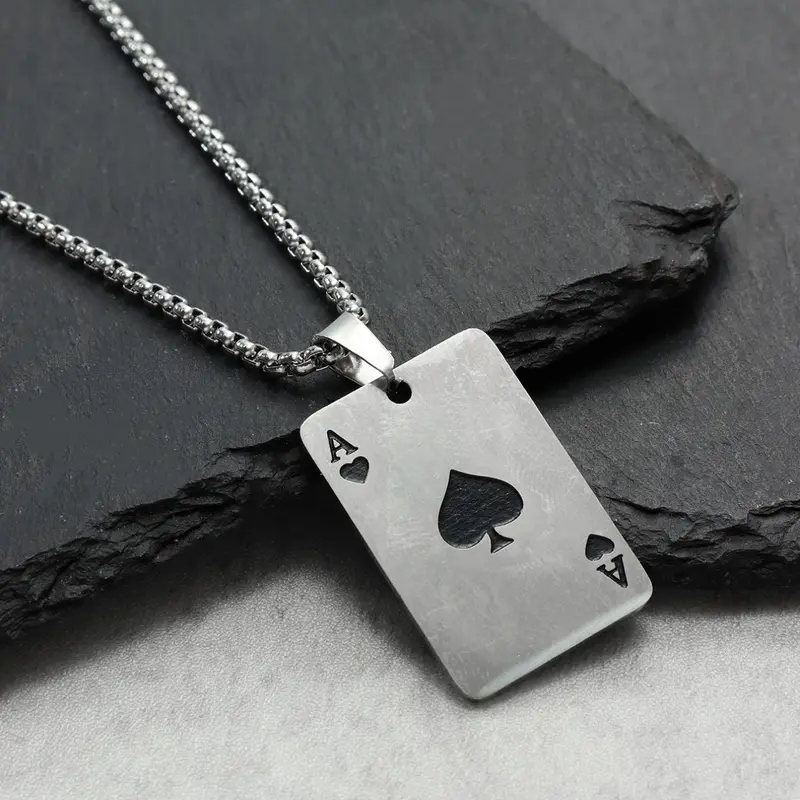 Unisex Street‑Style Ace of Hearts Zinc Alloy Pendant Necklace, 1 Piece Trendy Vintage Poker Card Stainless Steel Necklace, Punk Style for Men & Women as a Gift
