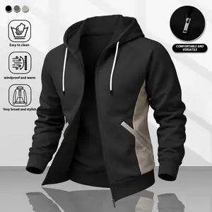 Men's contrasting color spliced hooded jacket, skin-friendly and wear-resistant fabric, zipper cardigan, street casual style, daily out on the street, commuter fit, simple and versatile coat