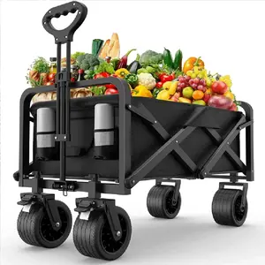 Heavy Duty Folding Wagon Cart with Large Weight Capacity, Cup Holders for Outdoor Garden,  Outdoor Folding Double-Decker Wagon with Brakes, 440 lbs Capacity, Flexible Handle, All-Terrain Big Wheels, Compact Pack & Foldable Size for Grocery, Camping