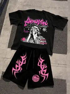 Gothic New York Statue Graphic Print Two-Piece Set Outfit Men Oversized American Streetwear T-Shirt Shorts Block