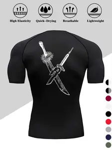 Men's Dragon Print Compression T-Shirt, Quick-Dry Breathable Stretch Fabric, Tight-Fitting Short Sleeve Top for Fitness and Outdoor Activities, Athletic Tee