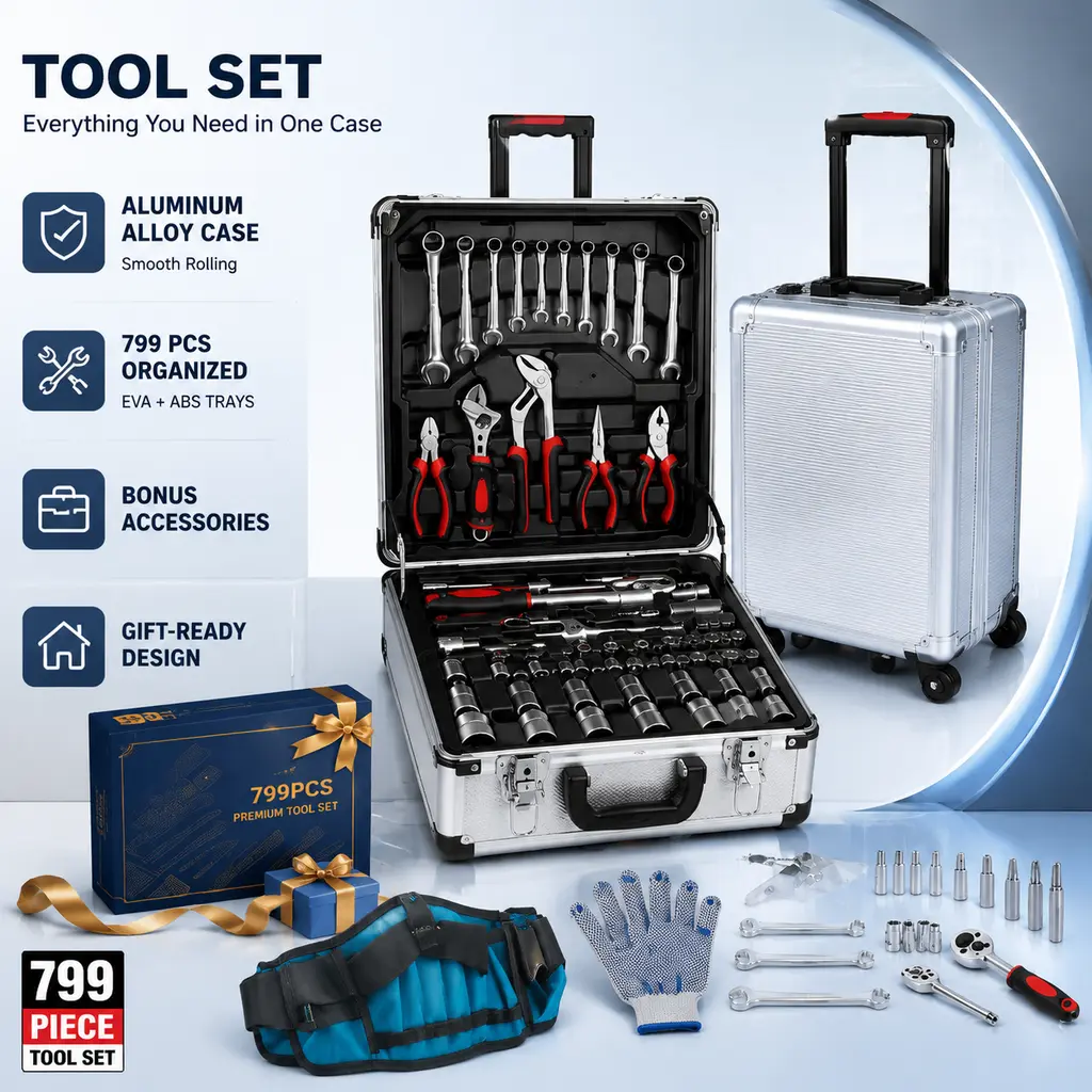 799PCS Rolling Tool Kit, Aluminum Trolley Case Tool Set Silver, House Repair Kit Set, Household Hand Tool Set, with Tool Belt,Gift on Father's Day (Silver)