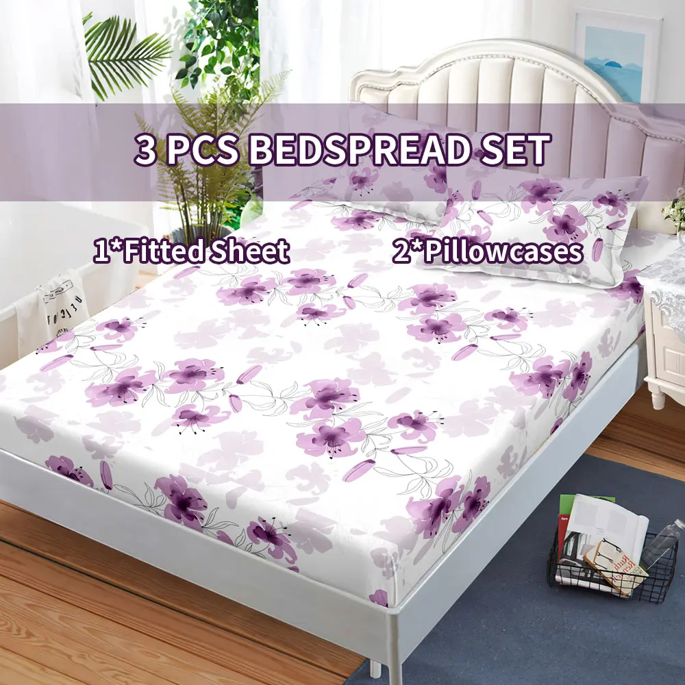 Purple Floral 3-Piece Bedding Set – Fitted Sheet + 2 Pillowcases