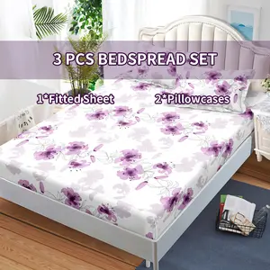 Purple Floral 3-Piece Bedding Set – Fitted Sheet + 2 Pillowcases