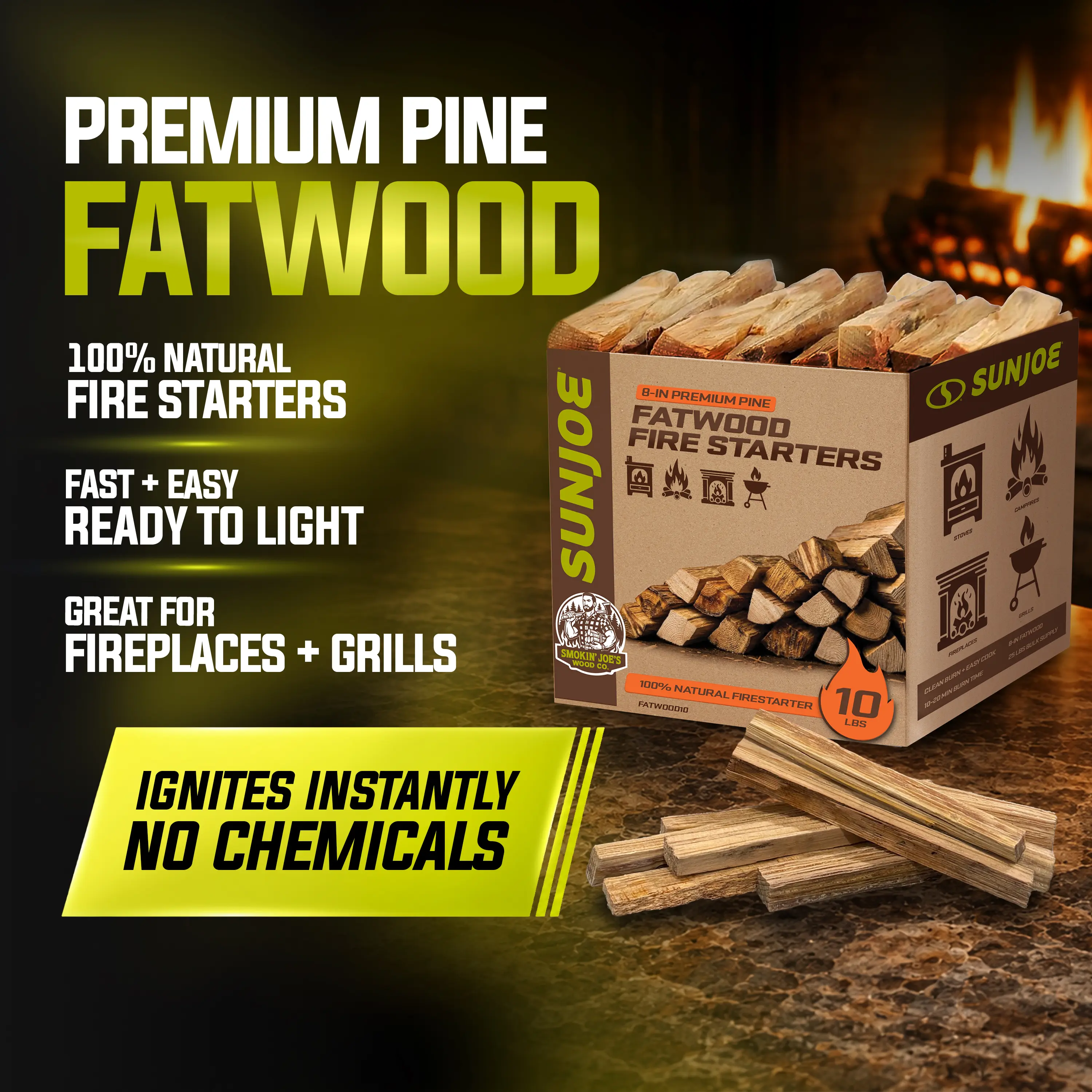 Sun Joe All-Natural Wooden Fire Starter Sticks | Pine Kindling for Fireplaces, Campfires, Wood Stoves