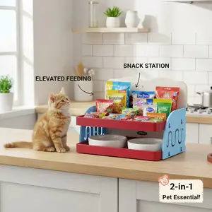 2-in-1 Pet Snack Organizer & Feeding Station - Aesthetic Dopamine Cat Food Tray - Anti-Spill Raised Pet Bowl Stand for Small Dogs & Cats