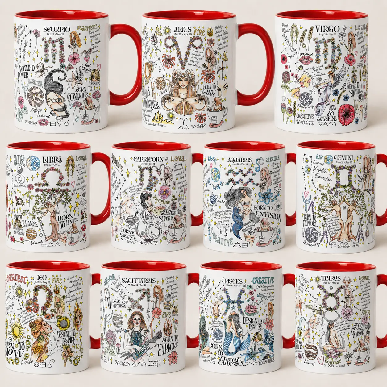 12 Zodiac Mug - 12 Astrology Signs Ceramic Coffee Mugs Horoscope Birthday Gift Red Handle White Mug Women Men